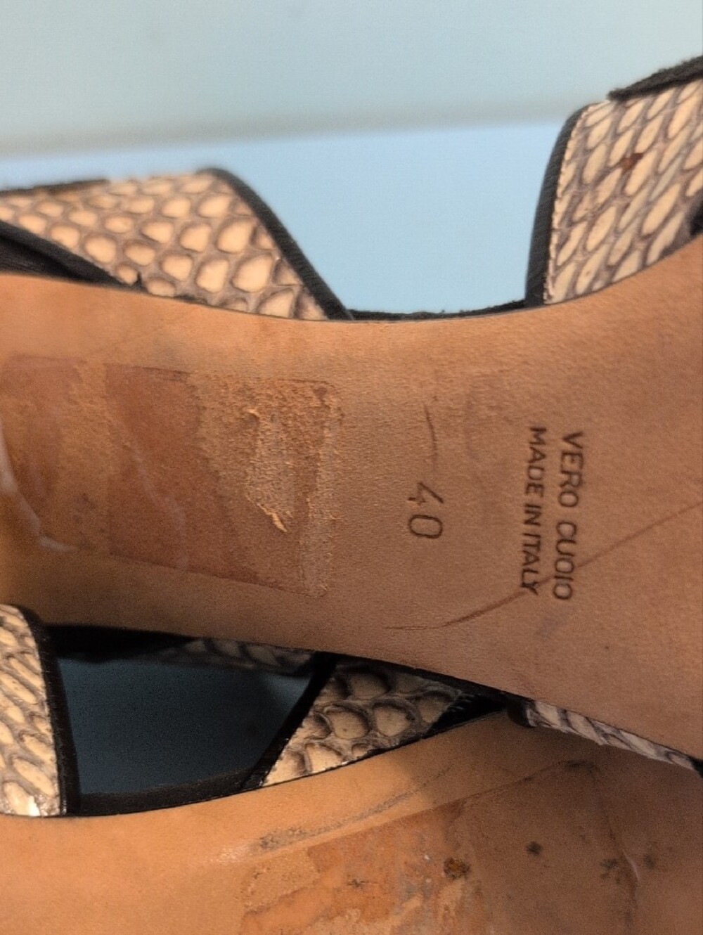 Crissie Morris, Vintage, Black/Beige Leather Geometric Cutout Heels, Sz 40 (9.5) - Picture 6 of 9